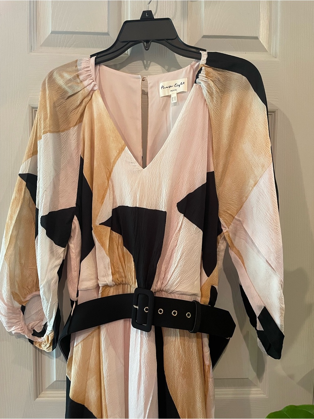 Patterned V-Neck Belted Midi Dress in Pink, Gold & Black by Frame Eight